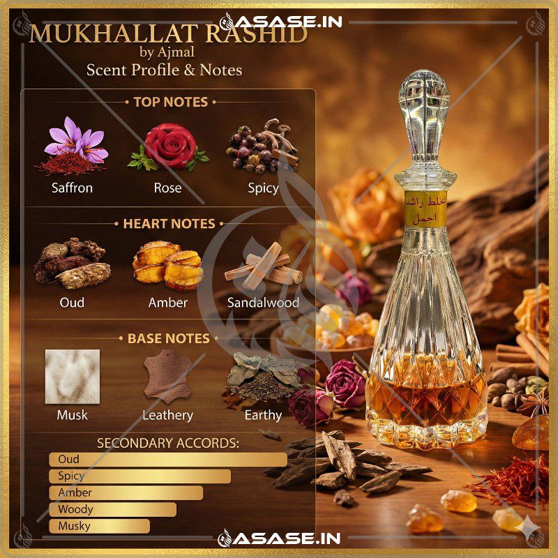Ajmal Mukhallat Rashid attar front view glass bottle